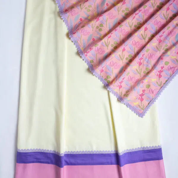 Cream lotus with printed pink dupatta