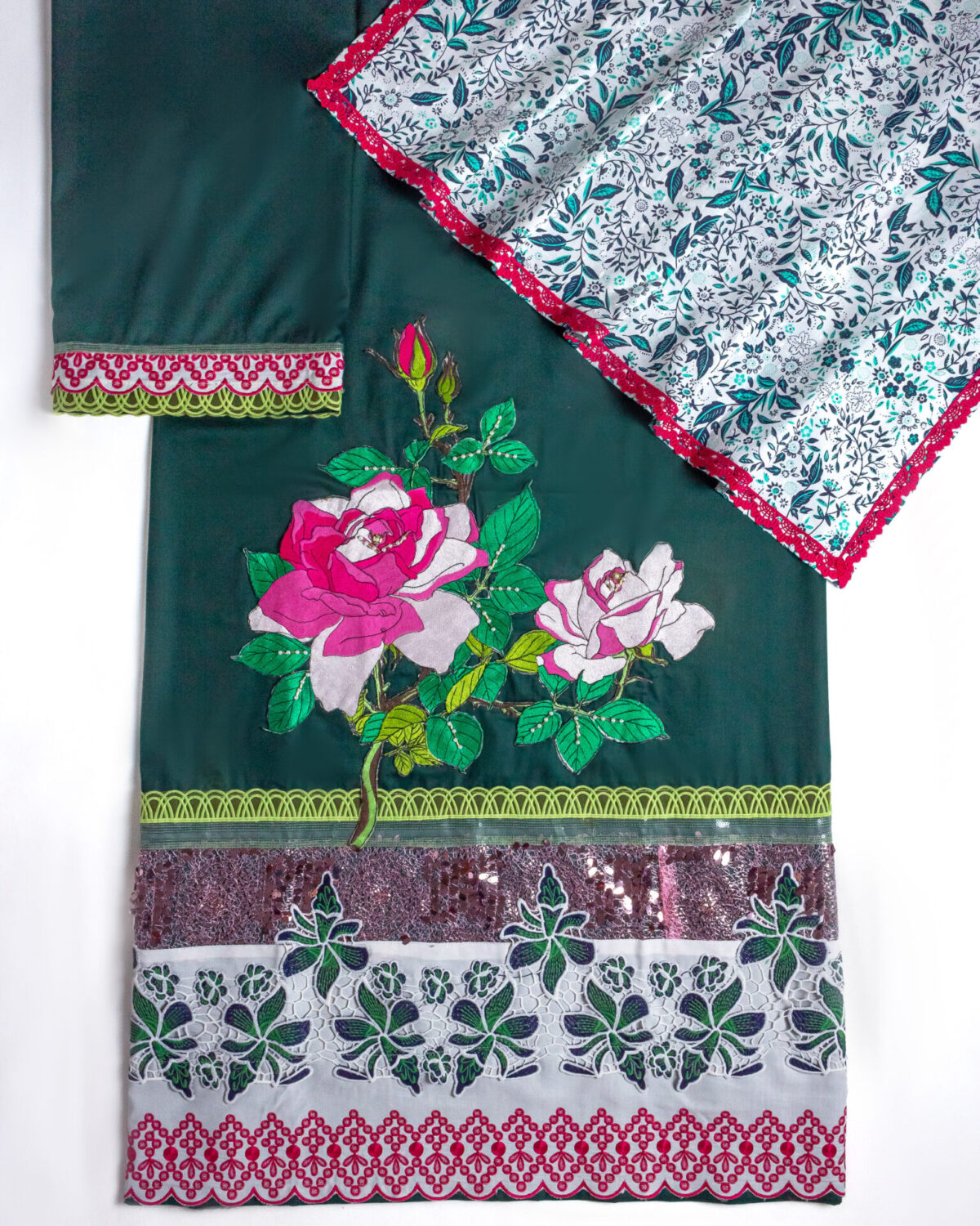 Dark green rida cum jodi with handwork - Image 1