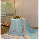 Blue 3D Flower Hakoba With Organza Overlay