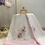 White printed Pink flowers with Crochet flowers