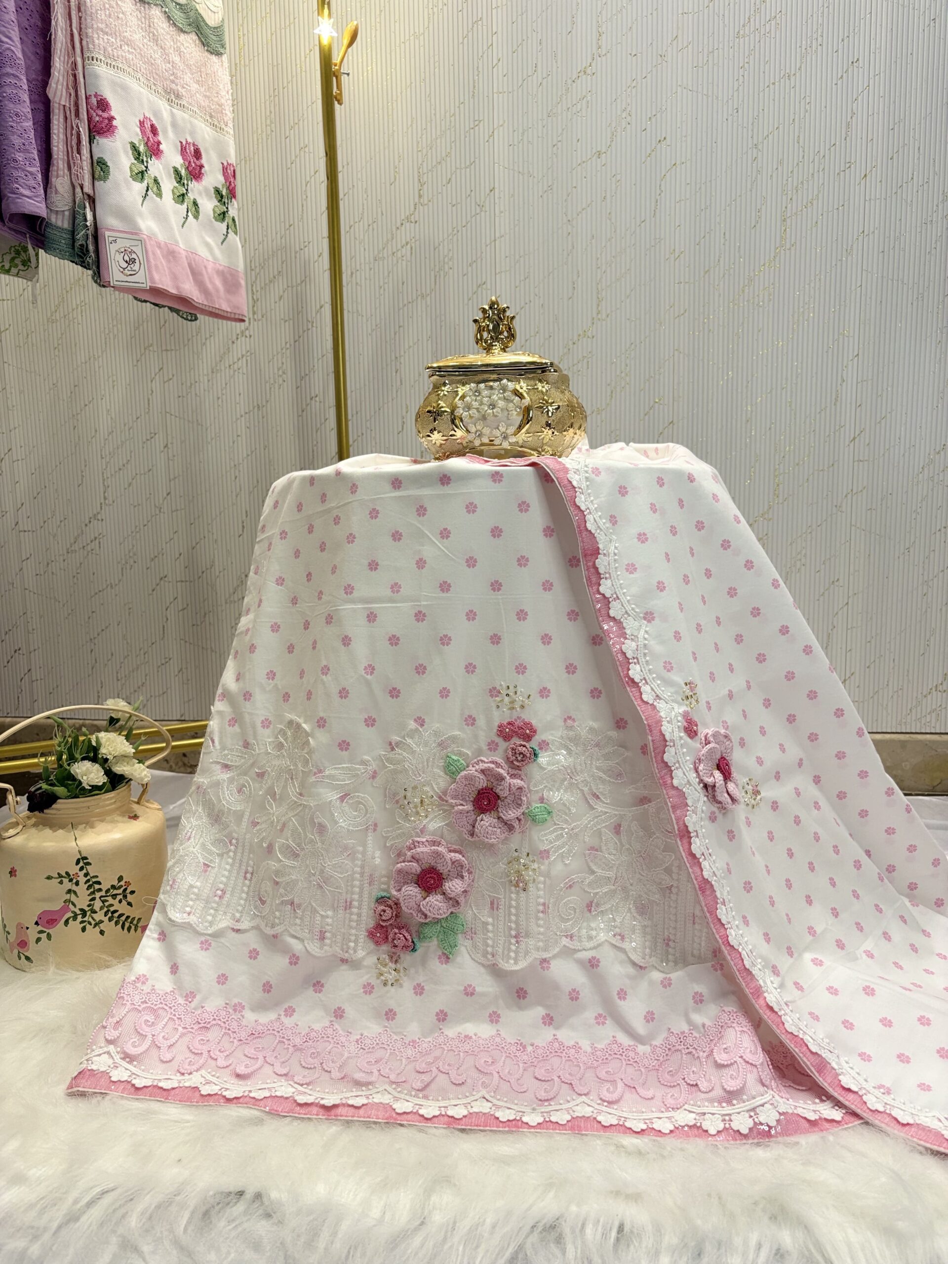 IMG_0423 White printed Pink flowers with Crochet flowers - Image 1