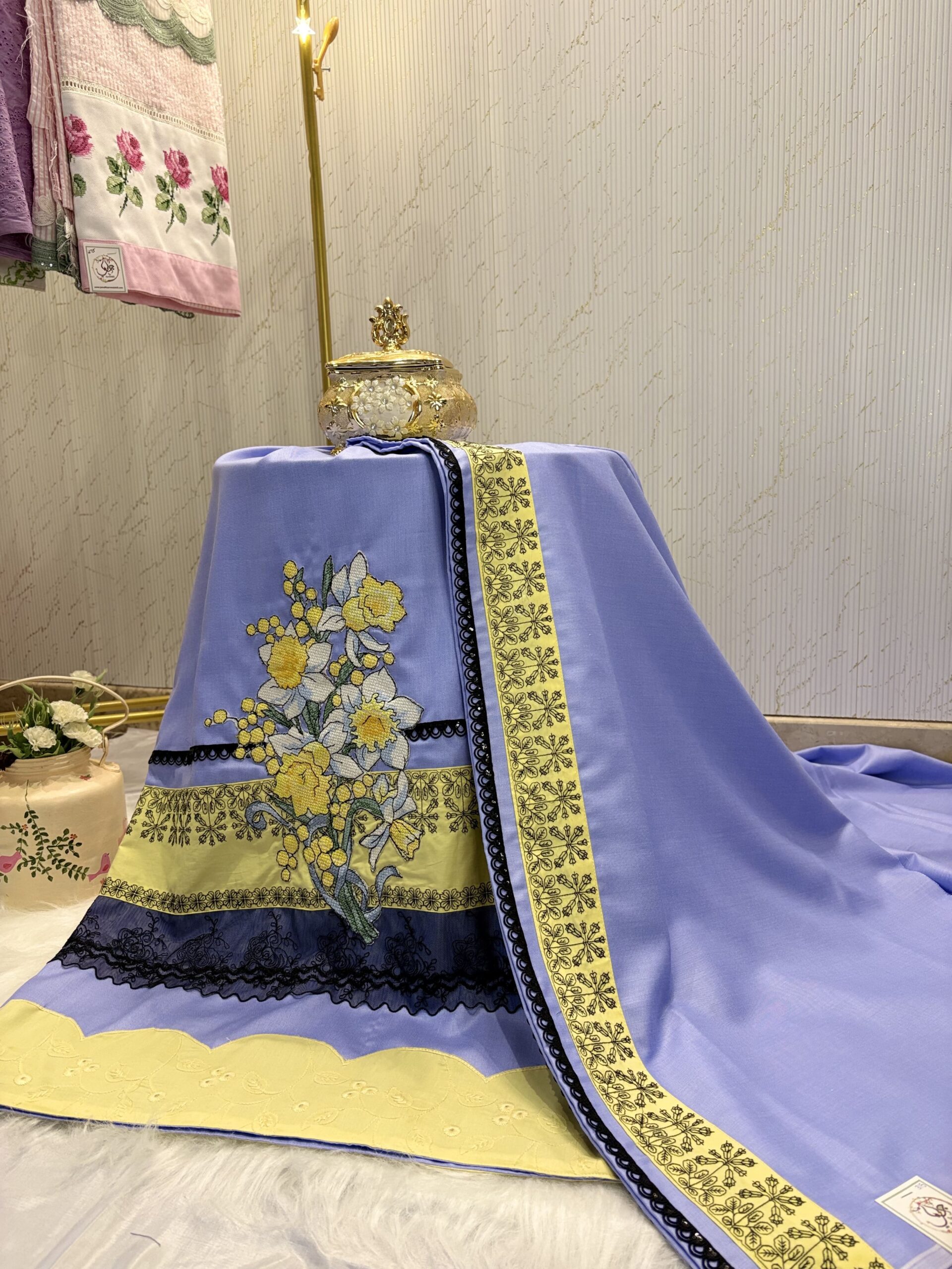 IMG_0445 White printed Pink flowers with Crochet flowers (Copy) - Image 1