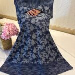 Dark blue denim vertical shaded with rose printed denim lehanga