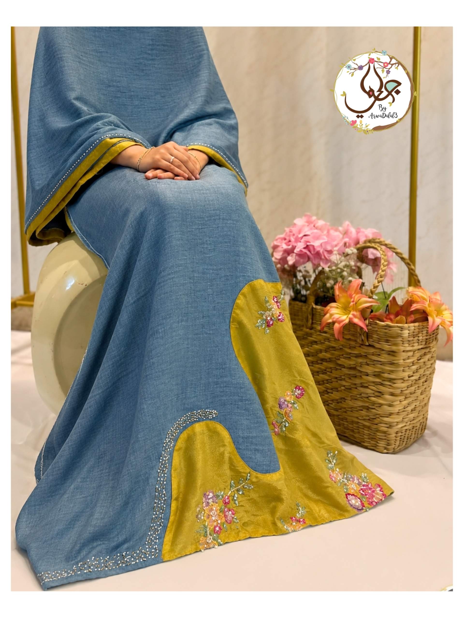 Denim on Gold Belgian Cotton Aari Work Rida Denim on Gold Belgian Cotton Aari Work Rida