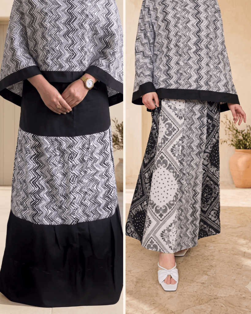 Reversible Chevron-Paisley Rida in a bold monochrome palette of black and off-white